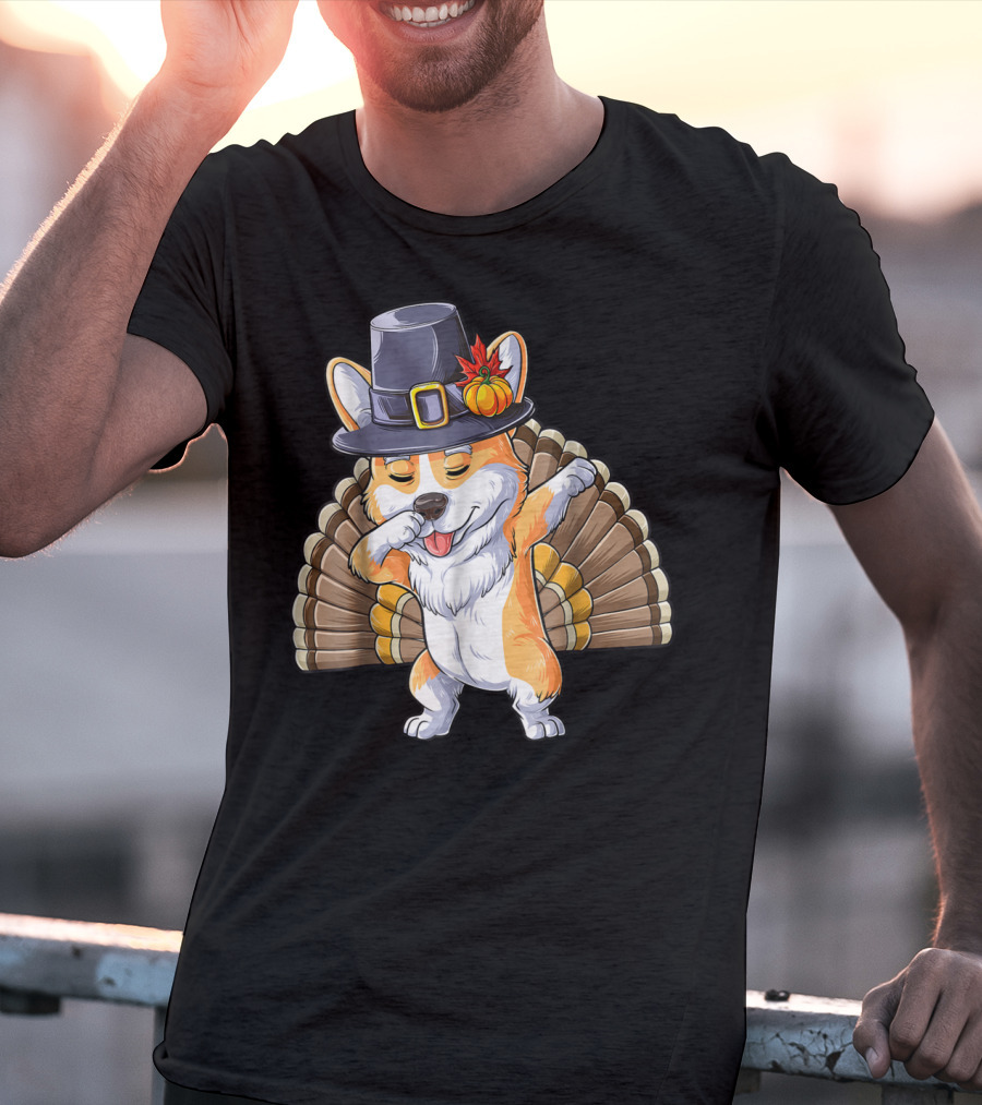 Thanksgiving Pilgrim Corgi Dabbing With Turkey Feathers T-Shirt