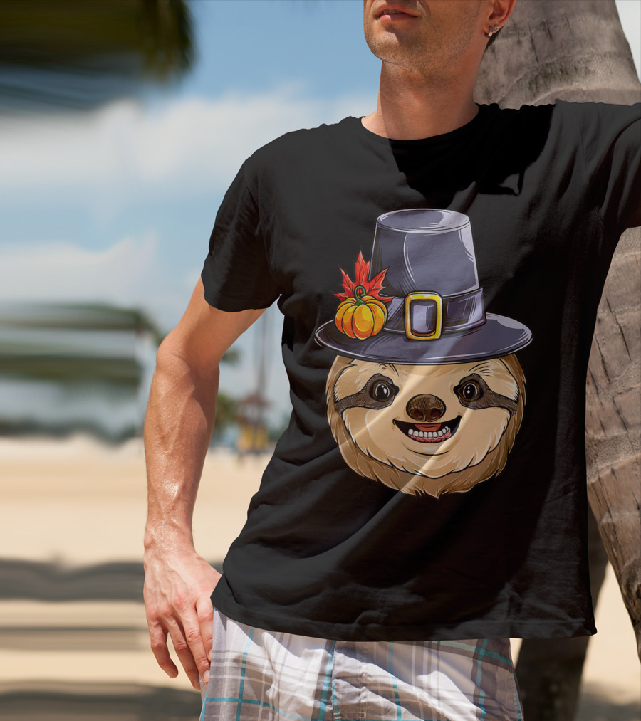 Thanksgiving Sloth With Pilgrim Hat Pumpkin And Autumn Leaves T-Shirt