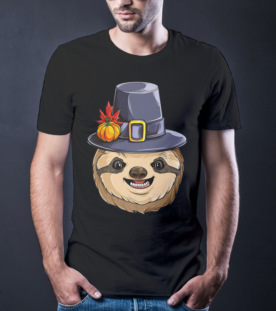 Thanksgiving Sloth With Pilgrim Hat Pumpkin And Autumn Leaves T-Shirt