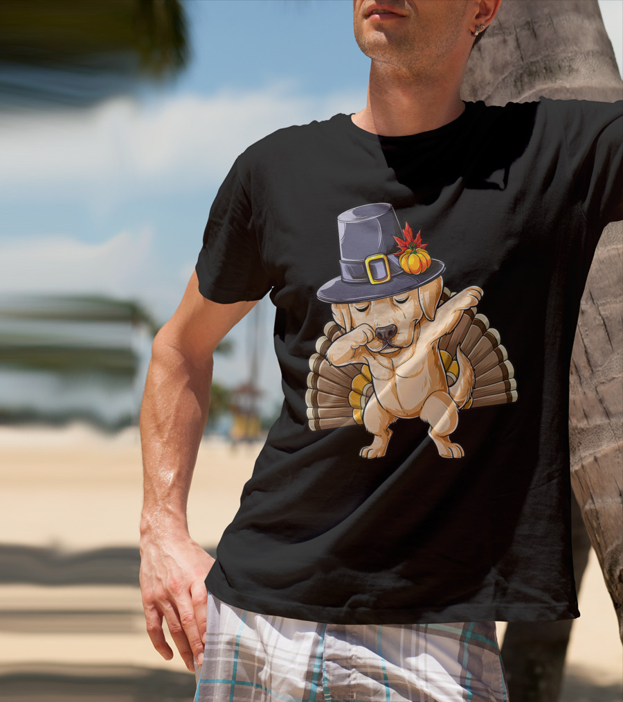 Thanksgiving Dabbing Labrador Wearing Pilgrim Hat With Turkey Tail T-Shirt