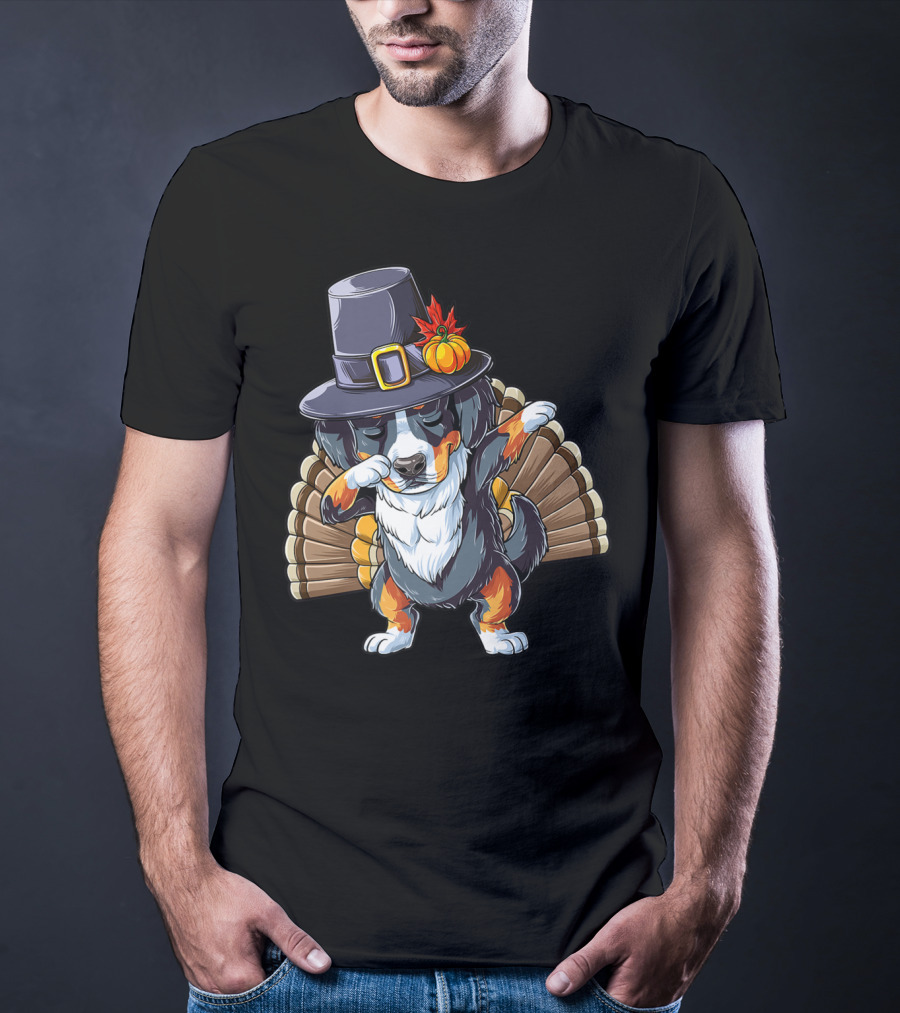 Thanksgiving Dabbing Bernese With Pilgrim Hat And Turkey Tail T-Shirt
