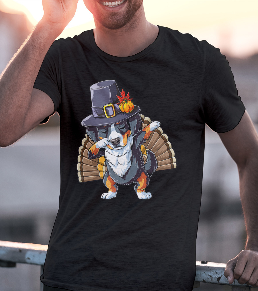 Thanksgiving Dabbing Bernese With Pilgrim Hat And Turkey Tail T-Shirt