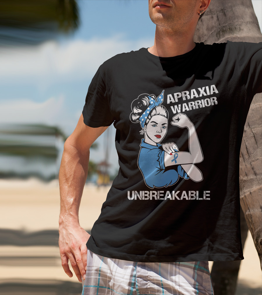 Apraxia Warrior Unbreakable Rosie Riveter Blue Awareness T-Shirt