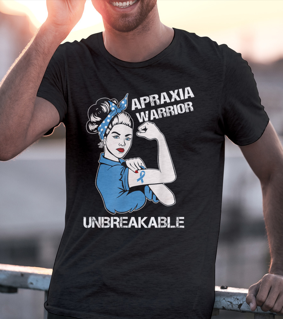 Apraxia Warrior Unbreakable Rosie Riveter Blue Awareness T-Shirt