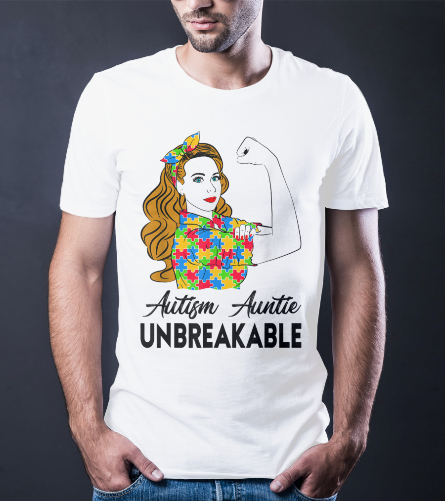 Unbreakable Auntie Autism Awareness Puzzle Colors Rosie The Riveter T-Shirt