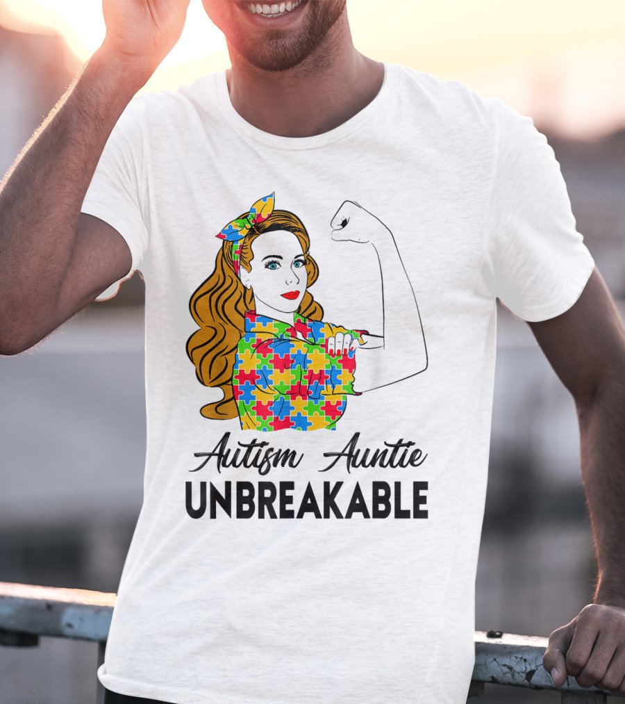 Unbreakable Auntie Autism Awareness Puzzle Colors Rosie The Riveter T-Shirt