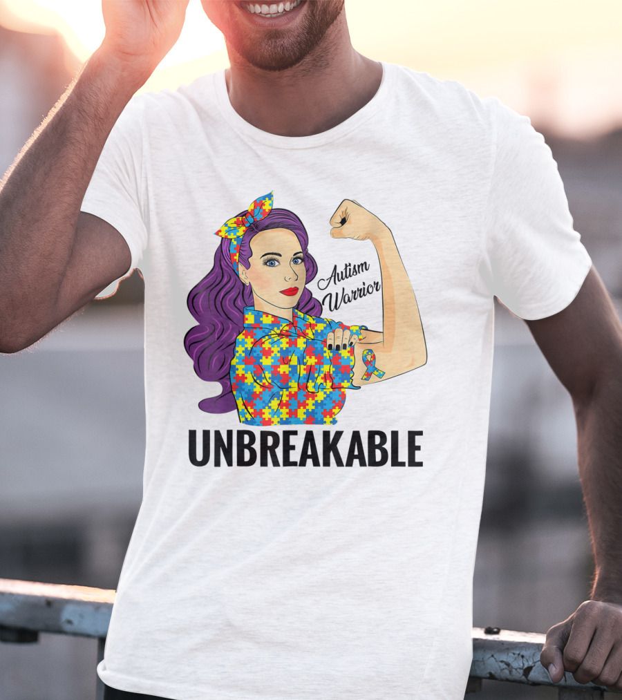 Autism Awareness Warrior Unbreakable Puzzle Ribbon Rosie The Riveter T-Shirt