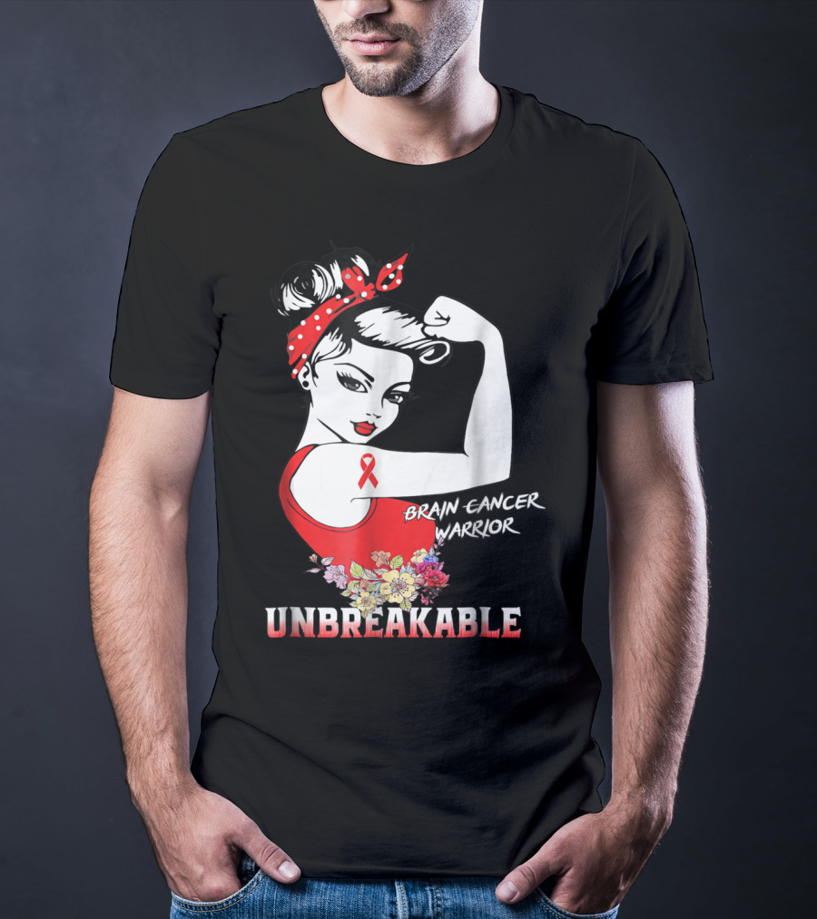 Unbreakable Brain Cancer Warrior With Awareness Ribbon And Floral Accents T-Shirt