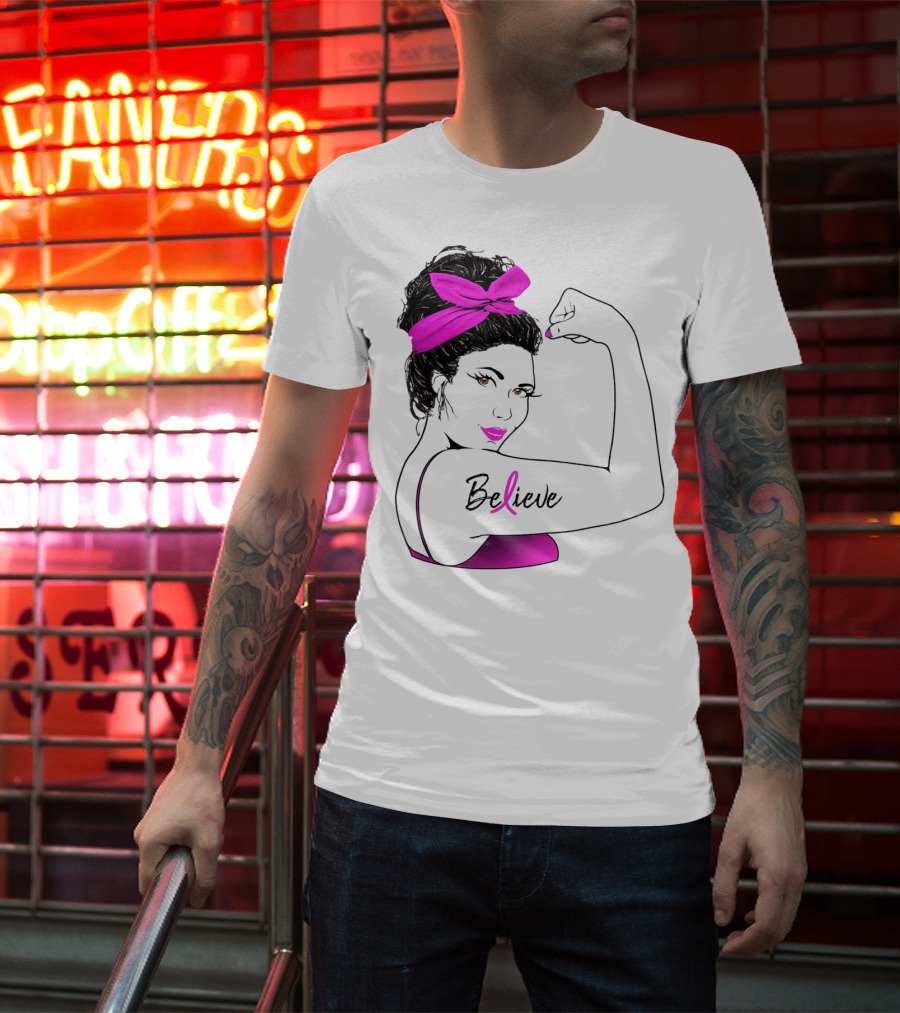 Breast Cancer Believe Unbreakable Rosie Pink Ribbon Power T-Shirt