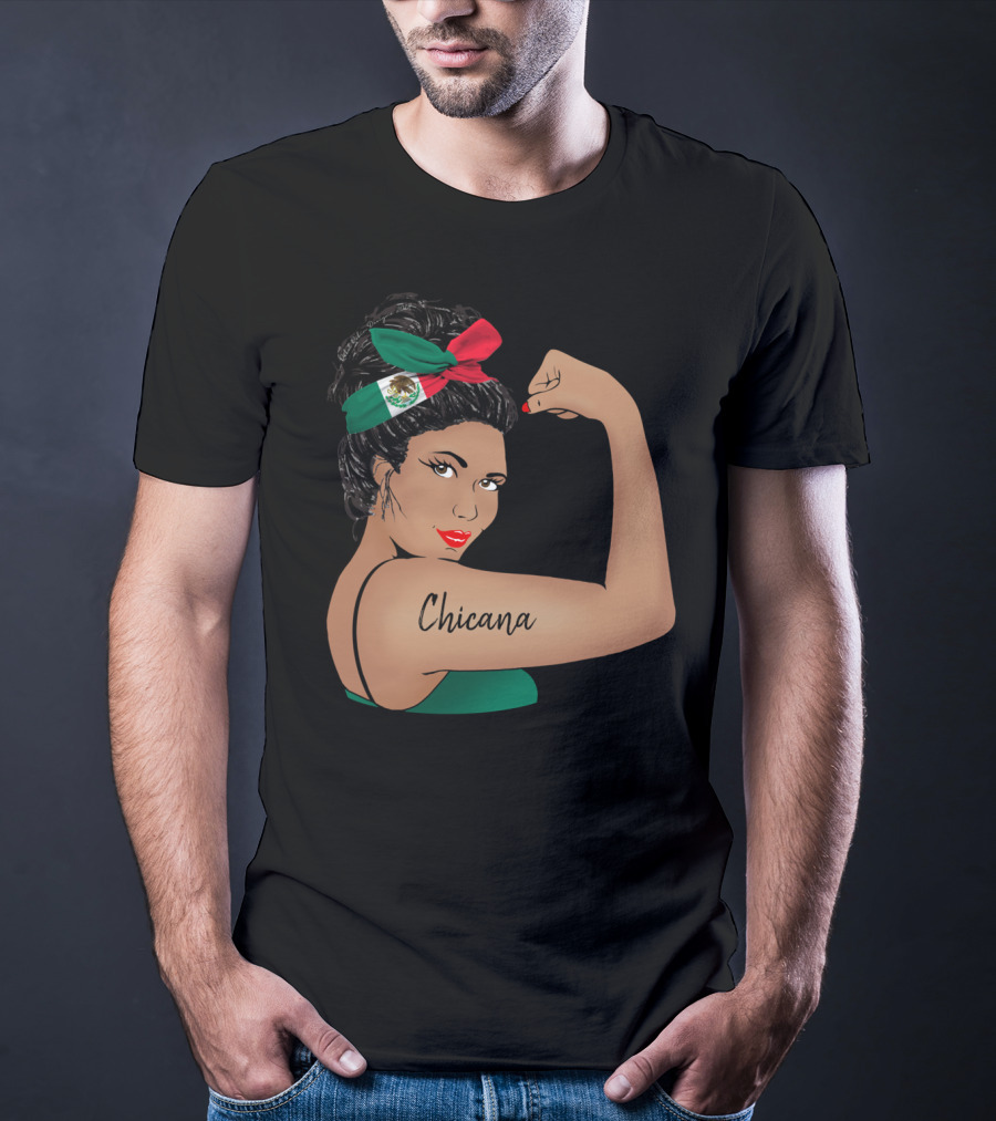 Chicana Girl Flexing With Mexican Flag Hair Wrap Unbreakable Strong T-Shirt