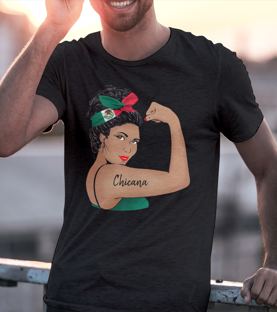 Chicana Girl Flexing With Mexican Flag Hair Wrap Unbreakable Strong T-Shirt