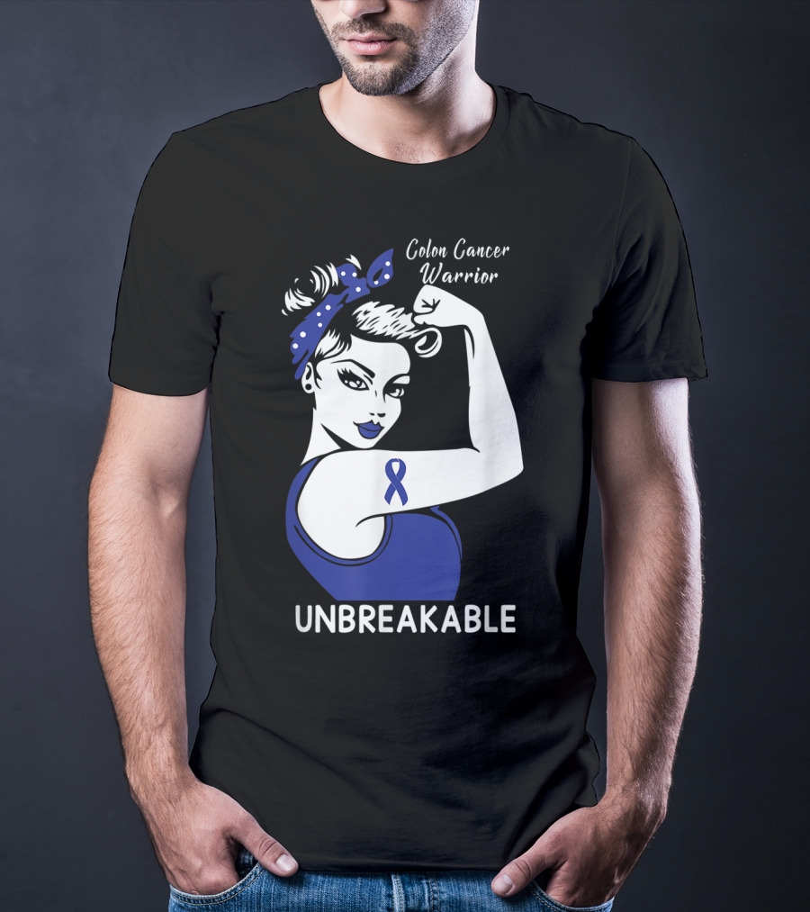 Colon Cancer Warrior Unbreakable Strength Ribbon Rosie The Riveter Inspired T-Shirt