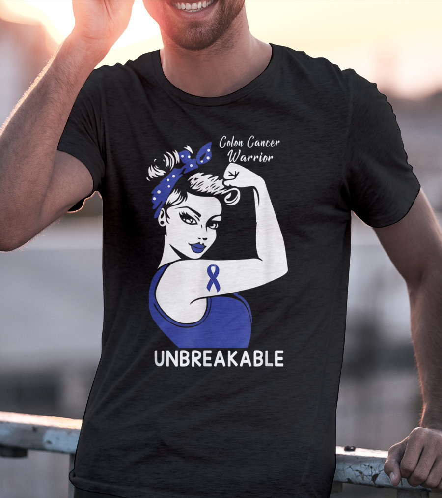 Colon Cancer Warrior Unbreakable Strength Ribbon Rosie The Riveter Inspired T-Shirt
