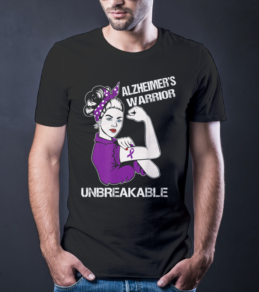 Alzheimer's Warrior Unbreakable Rosie The Riveter Style Purple Awareness T-Shirt