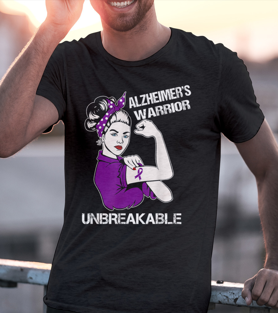 Alzheimer's Warrior Unbreakable Rosie The Riveter Style Purple Awareness T-Shirt
