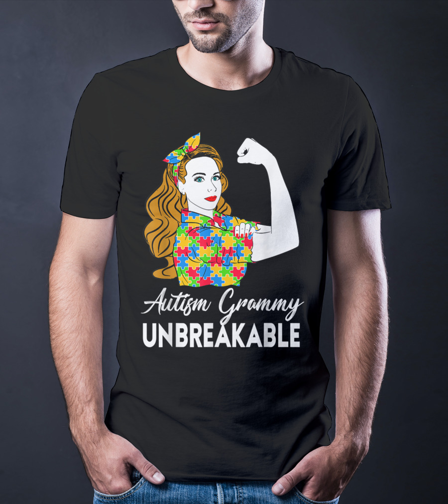 Autism Grammy Unbreakable Rosie Riveter Puzzle Piece Awareness T-Shirt