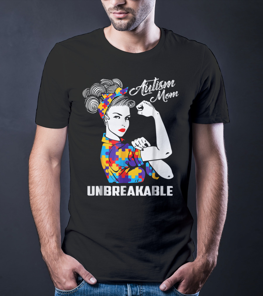 Autism Mom Unbreakable Autism Awareness Rosie The Riveter Puzzle T-Shirt