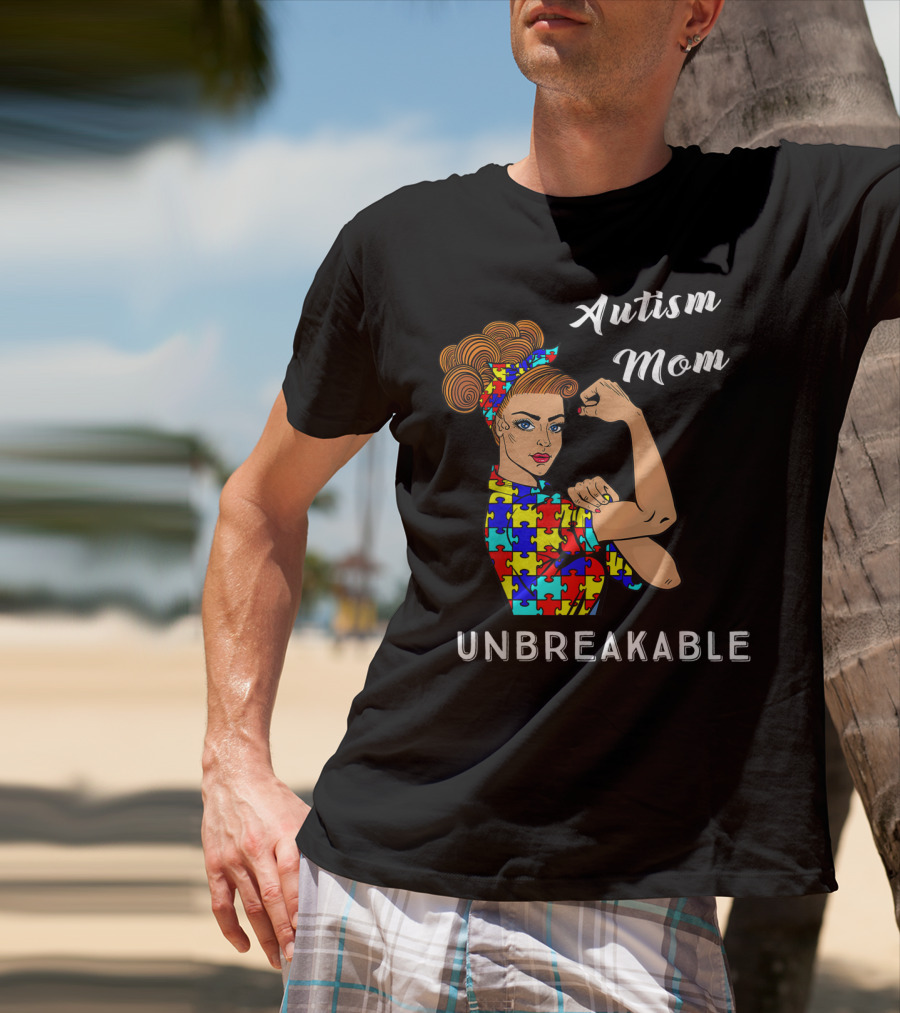 Autism Mom Unbreakable Awareness Puzzle Pattern Rosie The Riveter T-Shirt
