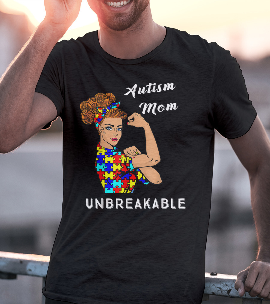 Autism Mom Unbreakable Awareness Puzzle Pattern Rosie The Riveter T-Shirt