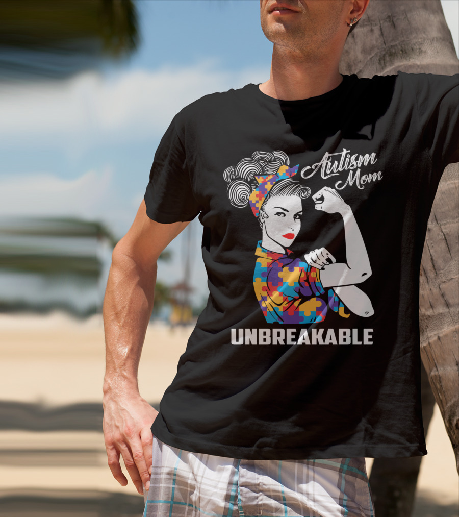 Autism Mom Unbreakable Mama Autism Puzzle Pattern Iconic Rosie Riveter T-Shirt