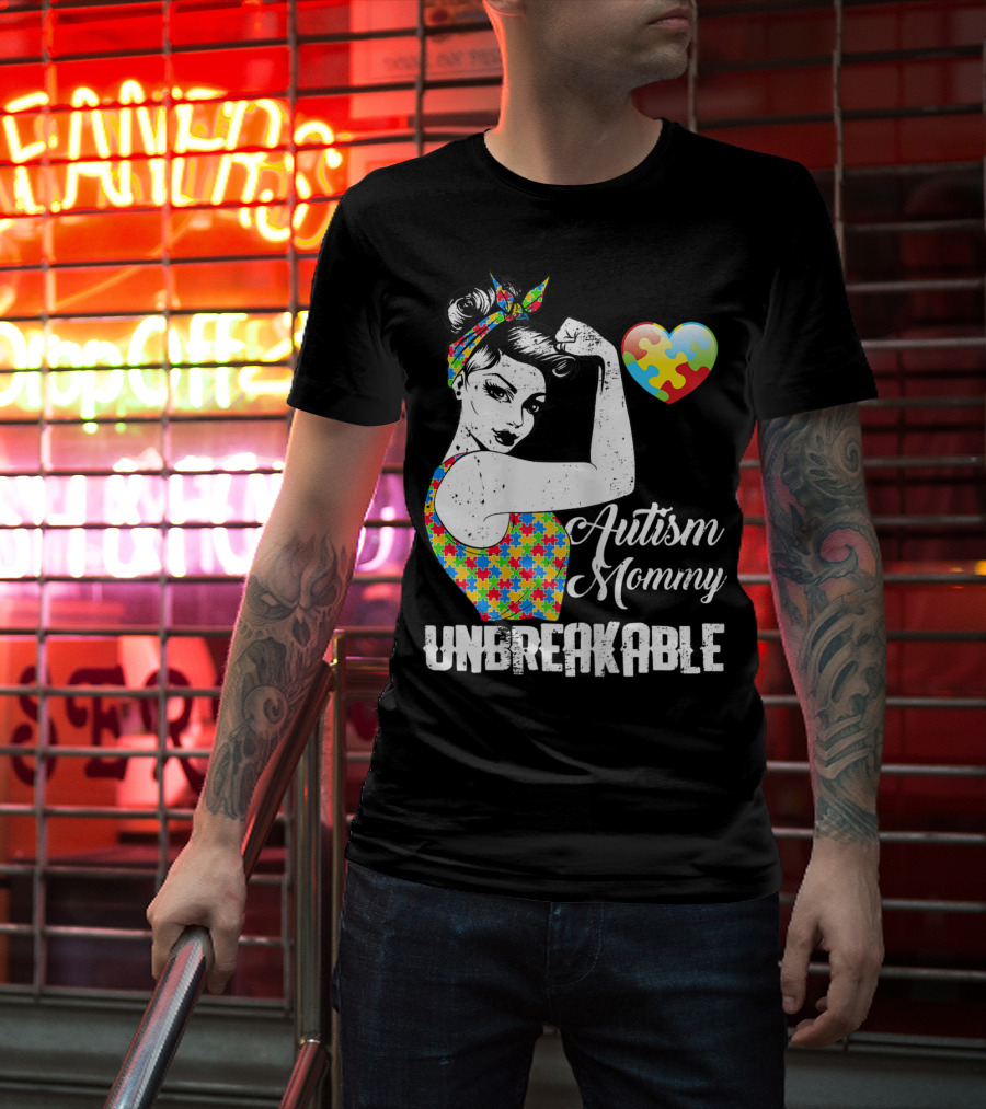 Autism Mommy Unbreakable Puzzle Heart Rosie The Riveter T-Shirt