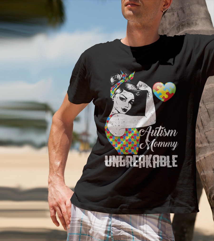 Autism Mommy Unbreakable Puzzle Heart Rosie The Riveter T-Shirt