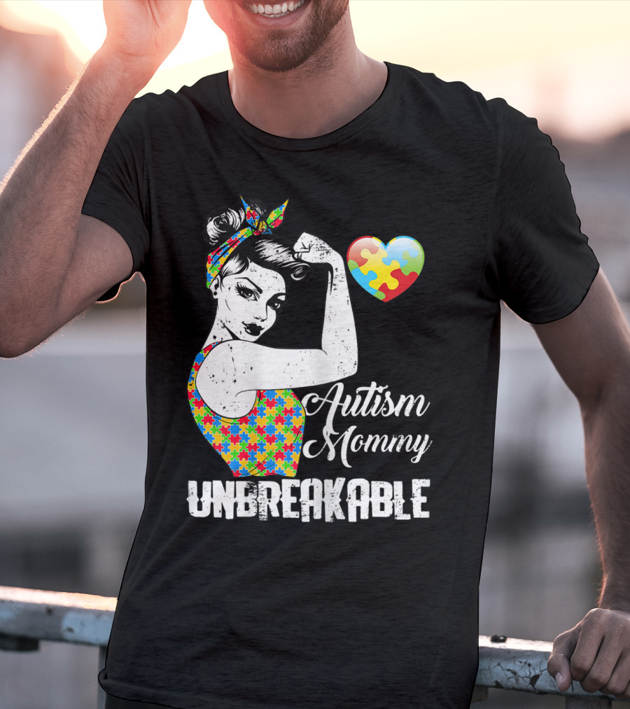 Autism Mommy Unbreakable Puzzle Heart Rosie The Riveter T-Shirt