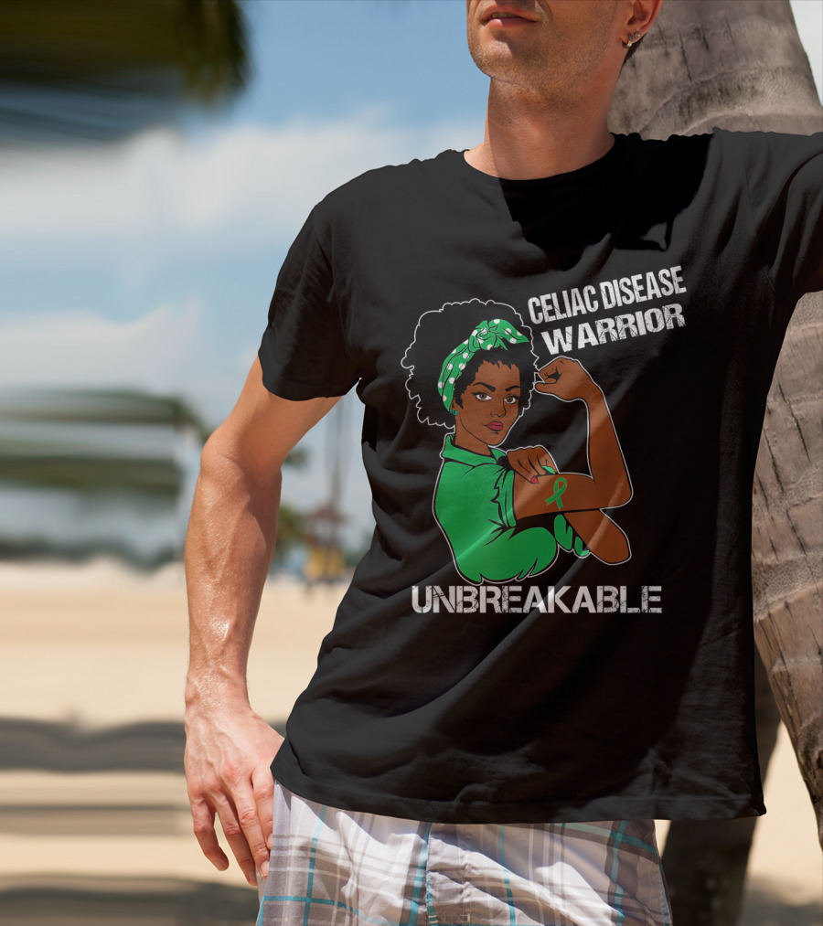 Celiac Disease Warrior Unbreakable With Empowering Arm Pose And Green Awareness T-Shirt