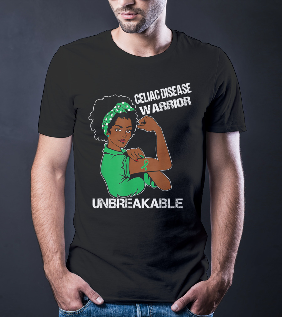 Celiac Disease Warrior Unbreakable With Empowering Arm Pose And Green Awareness T-Shirt