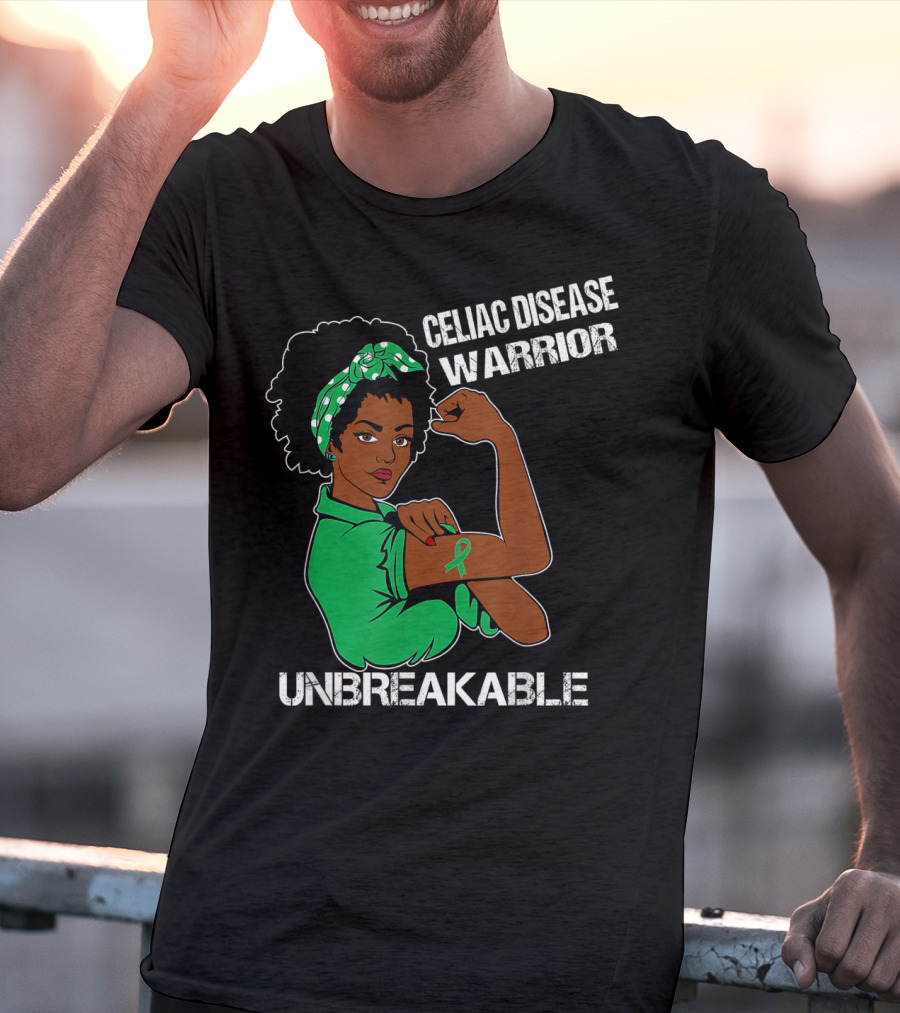 Celiac Disease Warrior Unbreakable With Empowering Arm Pose And Green Awareness T-Shirt