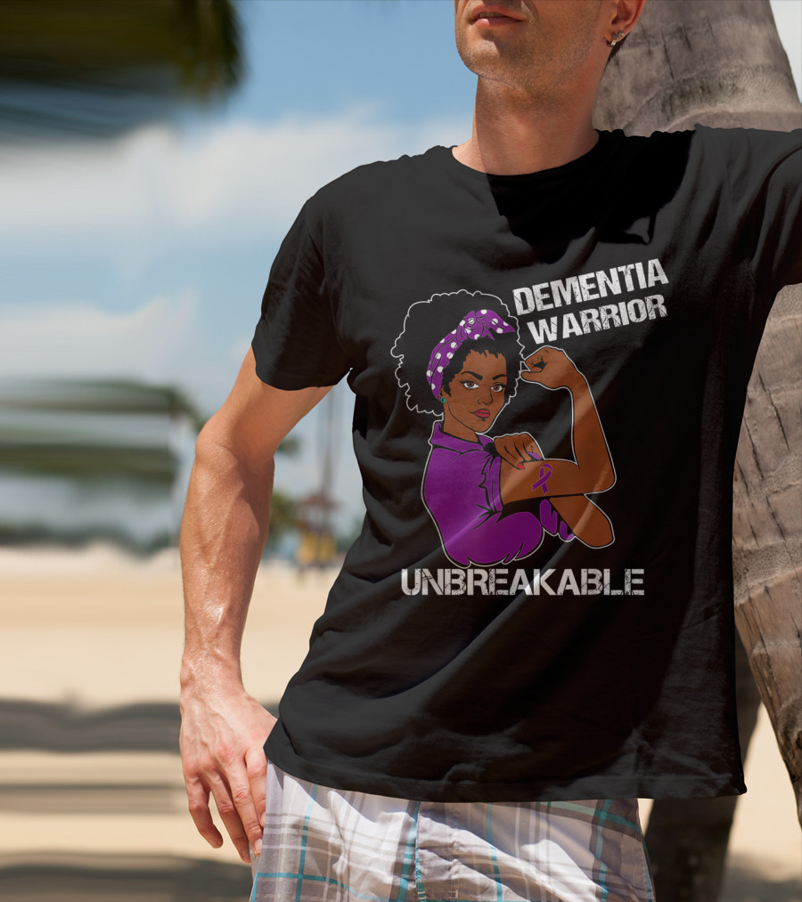 Dementia Warrior Unbreakable Rosie The Riveter Woman With Purple Awareness T-Shirt