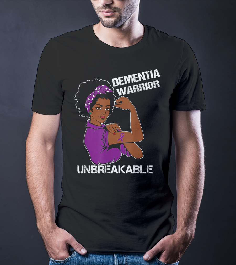 Dementia Warrior Unbreakable Rosie The Riveter Woman With Purple Awareness T-Shirt