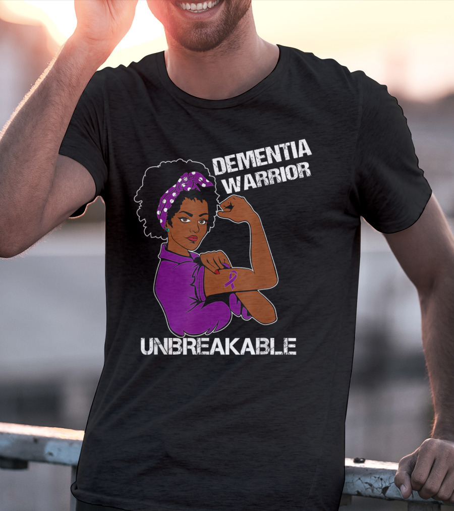 Dementia Warrior Unbreakable Rosie The Riveter Woman With Purple Awareness T-Shirt