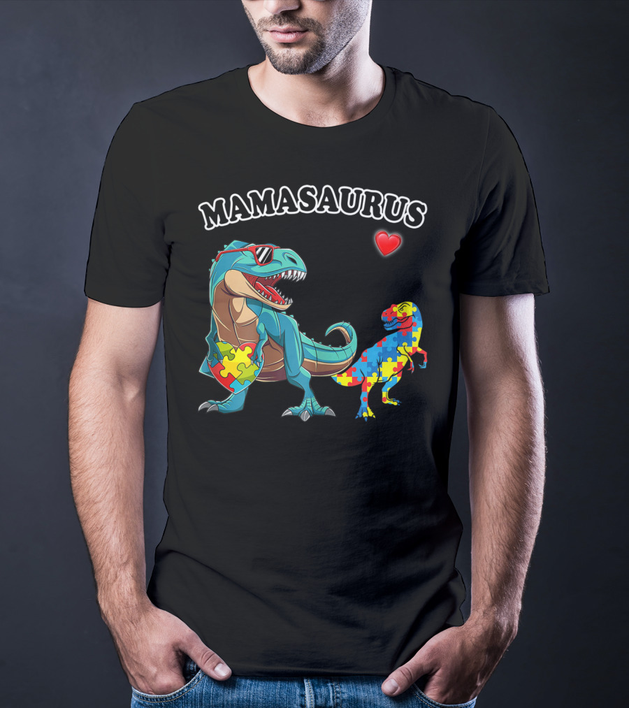 Mamasaurus Dinosaur Heart Puzzle Autism Awareness T-Shirt