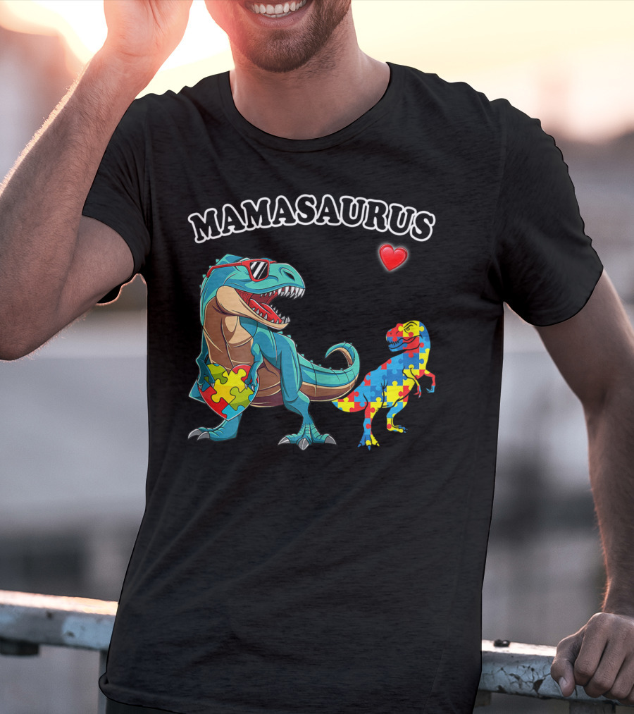 Mamasaurus Dinosaur Heart Puzzle Autism Awareness T-Shirt