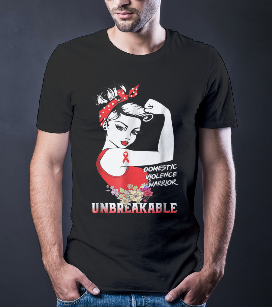 Domestic Violence Warrior Unbreakable Red Ribbon Rosie The Riveter Floral T-Shirt
