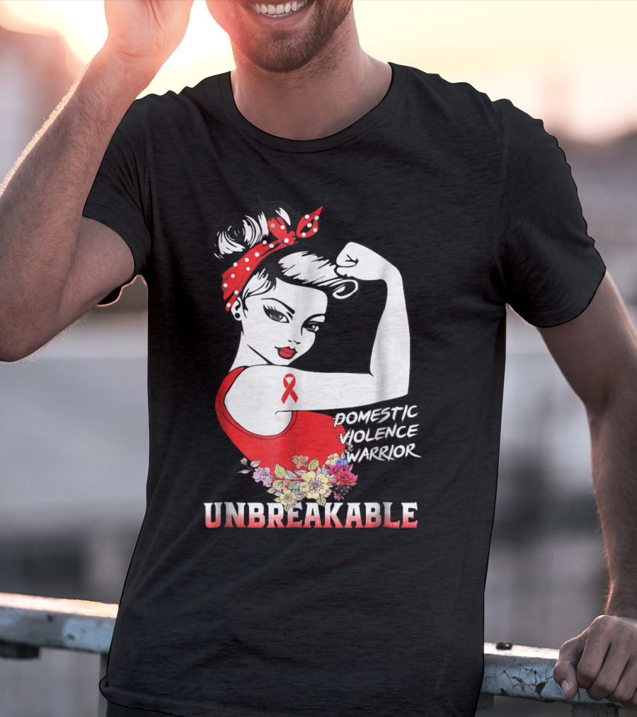 Domestic Violence Warrior Unbreakable Red Ribbon Rosie The Riveter Floral T-Shirt