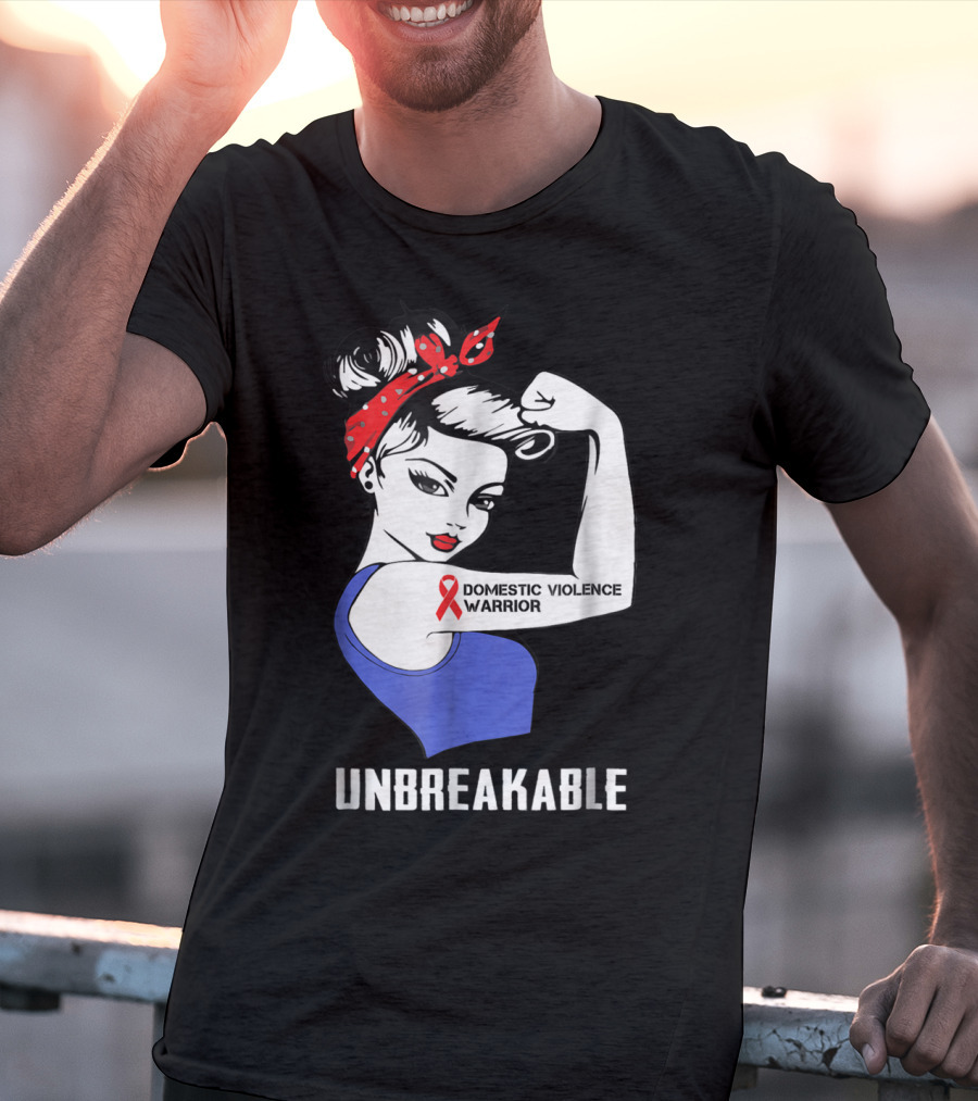 Domestic Violence Warrior Unbreakable Rosie Riveter Red Ribbon T-Shirt