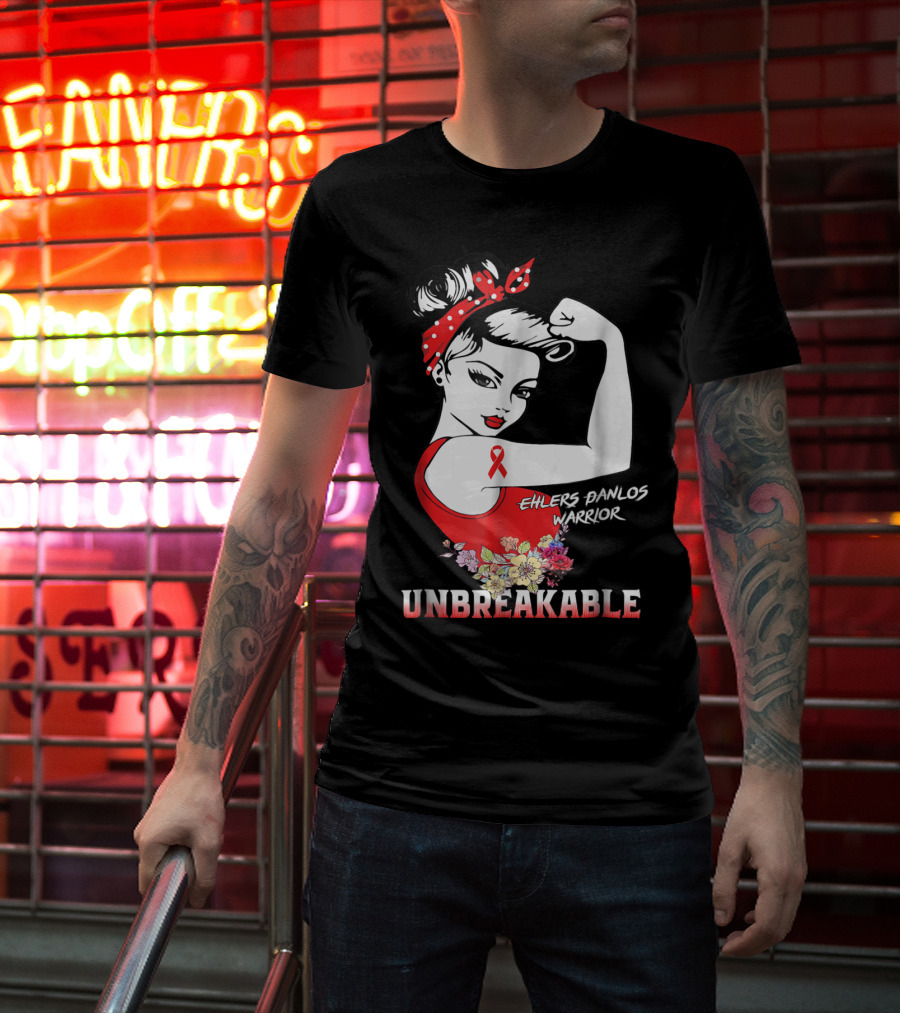Ehlers Danlos Warrior Unbreakable Rosie The Riveter Style With Ribbon And Floral Elements T-Shirt