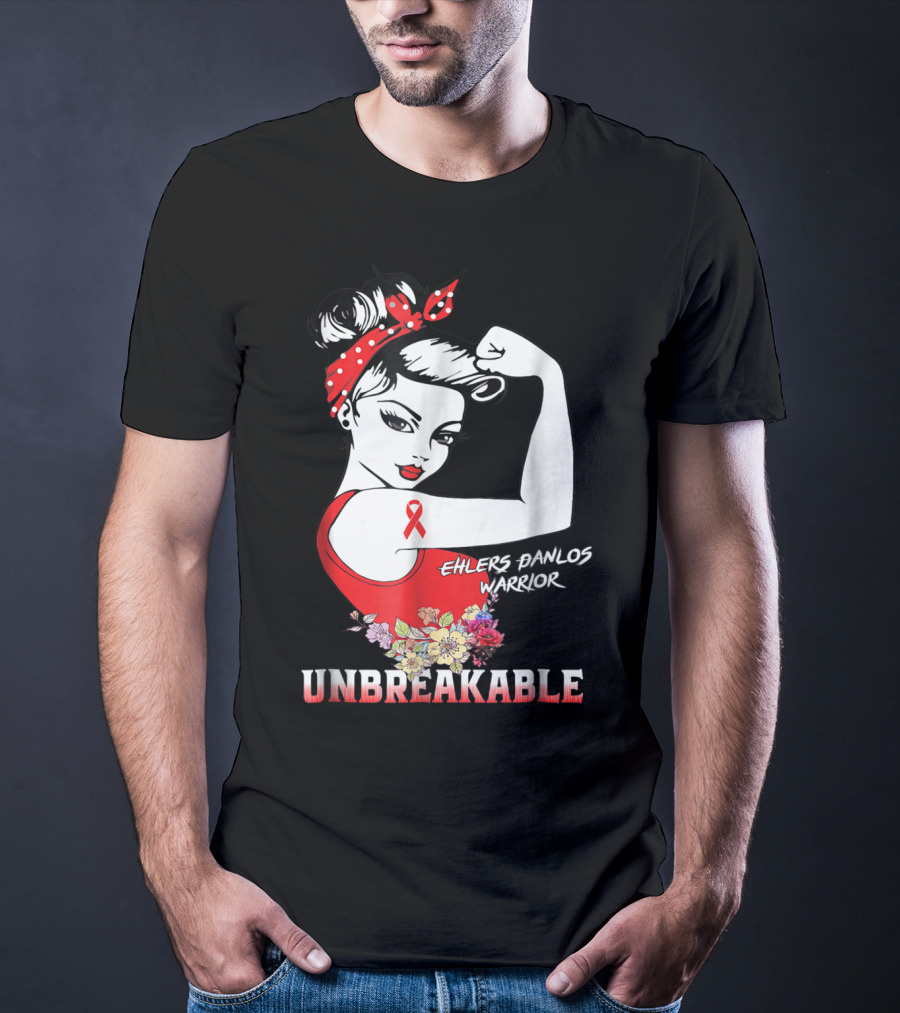 Ehlers Danlos Warrior Unbreakable Rosie The Riveter Style With Ribbon And Floral Elements T-Shirt