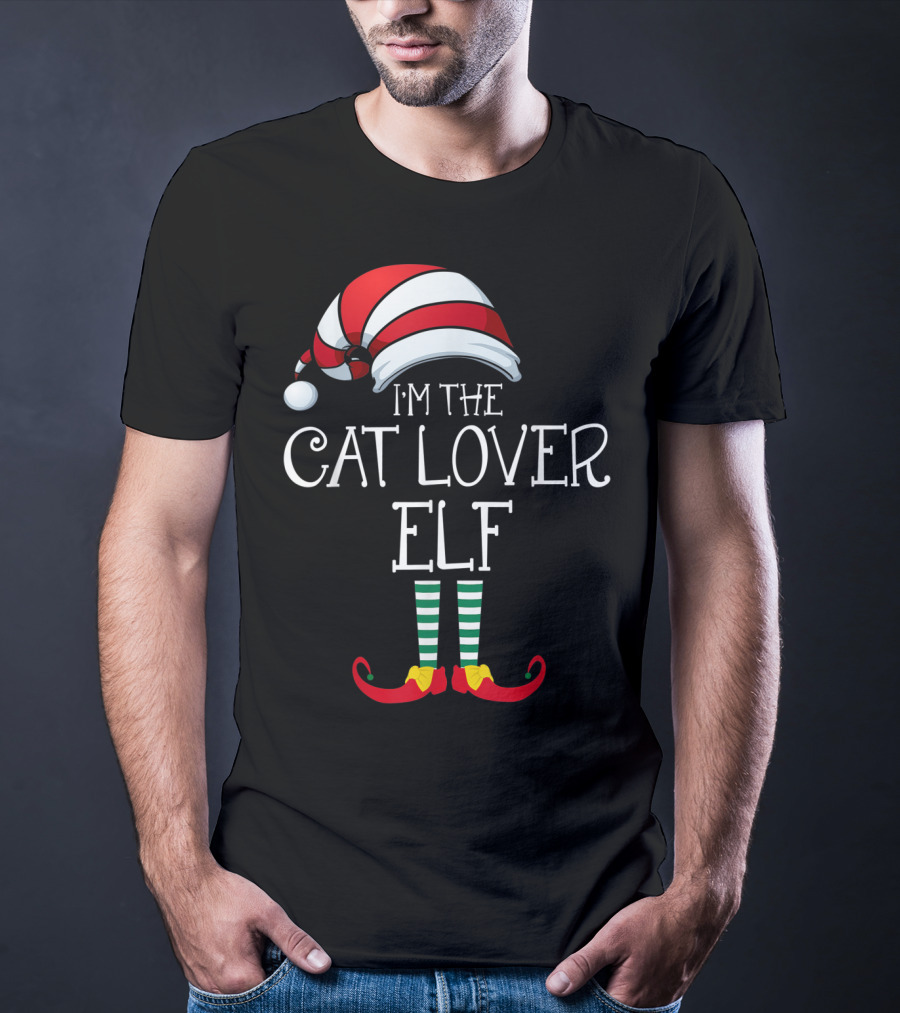 I'm The Cat Lover Elf Family Christmas Hat And Striped Socks T-Shirt