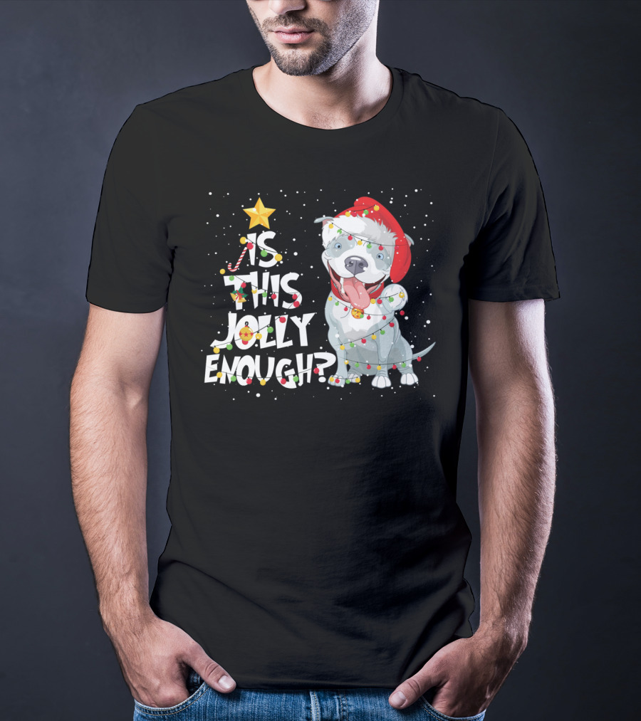 Is This Jolly Enough Funny Pitbull Dog Lovers Christmas Santa Hat Lights T-Shirt