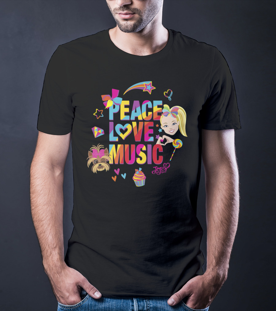 Jojo Siwa Peace Love Music Rainbow With Bow Stars Hearts Cupcake Puppy T-Shirt