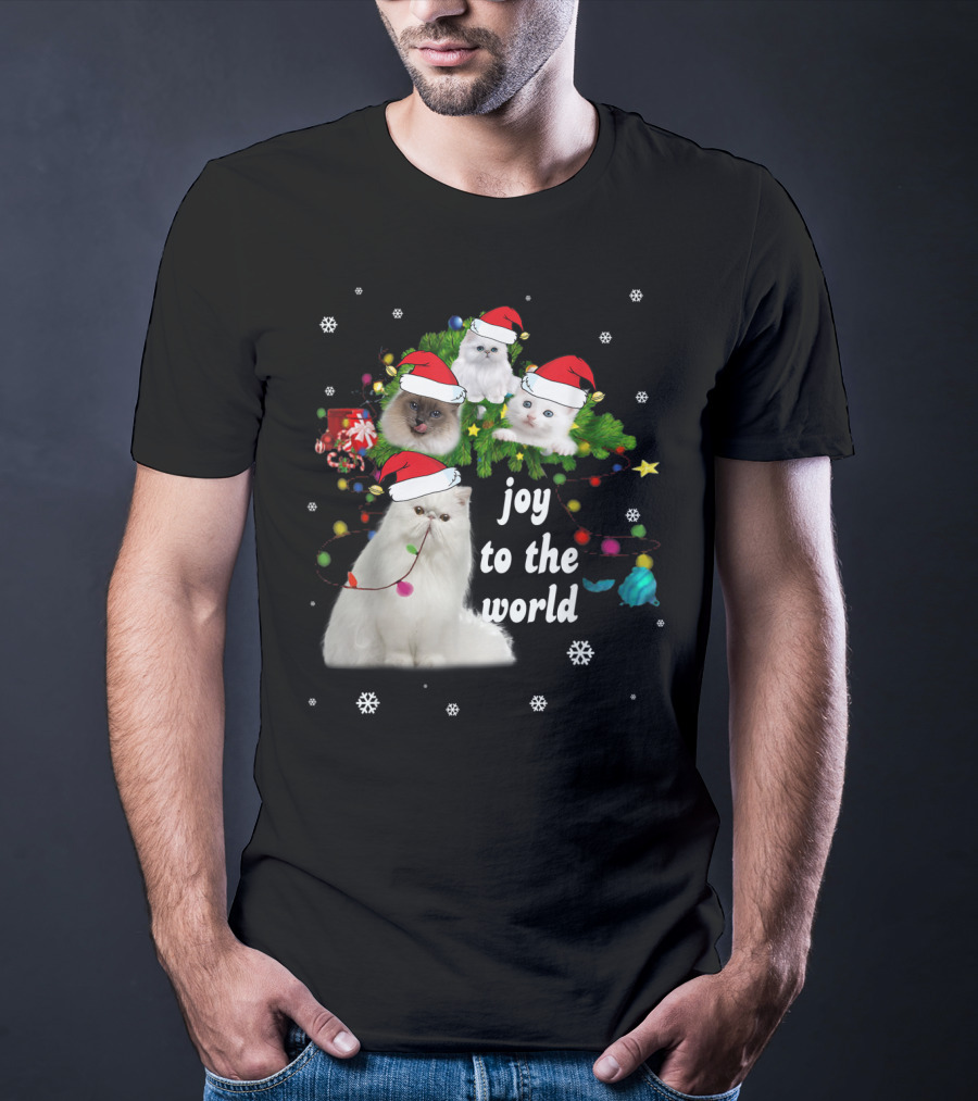 Joy To The World Christmas Cats With Santa Hats And Snowflakes T-Shirt