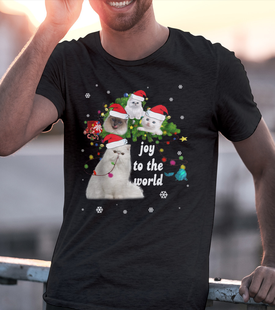 Joy To The World Christmas Cats With Santa Hats And Snowflakes T-Shirt