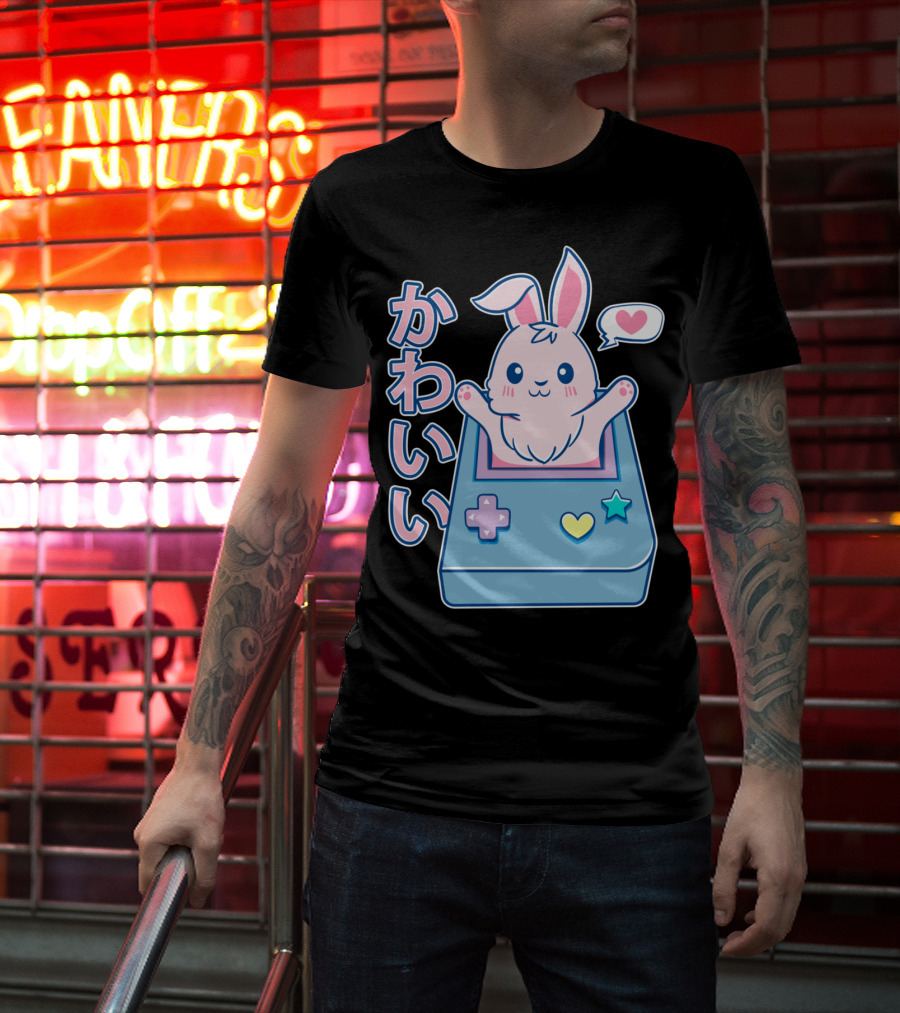 Kawaii Gamer Bunny Rabbit In Pastel Colors With Japanese Text And Game Console T-Shirt