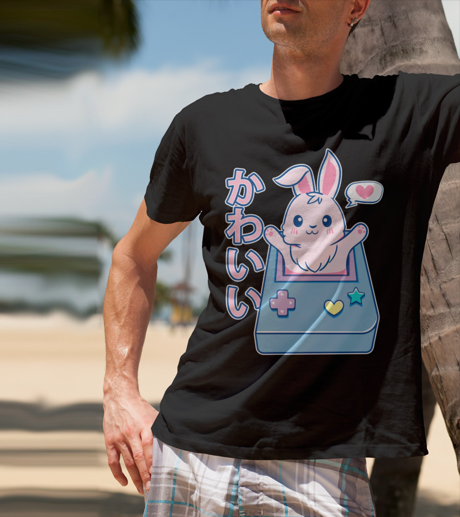 Kawaii Gamer Bunny Rabbit In Pastel Colors With Japanese Text And Game Console T-Shirt