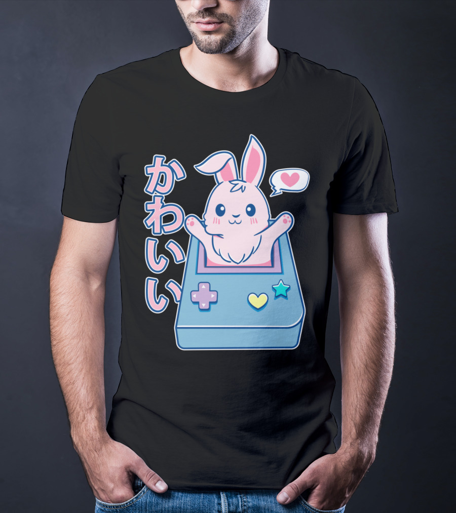 Kawaii Gamer Bunny Rabbit In Pastel Colors With Japanese Text And Game Console T-Shirt