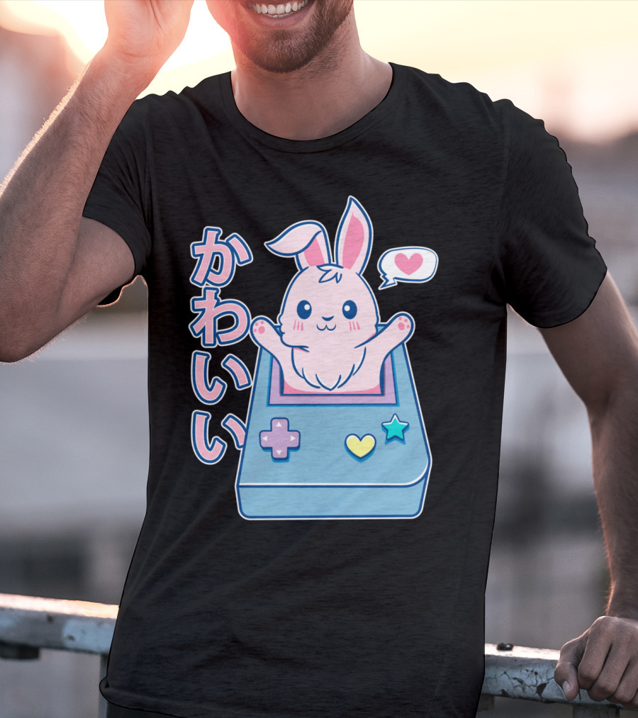 Kawaii Gamer Bunny Rabbit In Pastel Colors With Japanese Text And Game Console T-Shirt