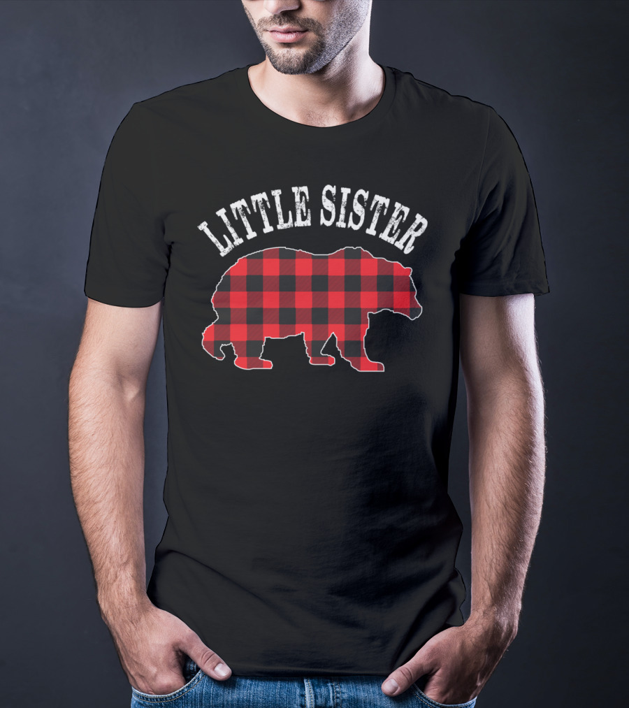 Little Sister Red Black Buffalo Plaid Bear T-Shirt